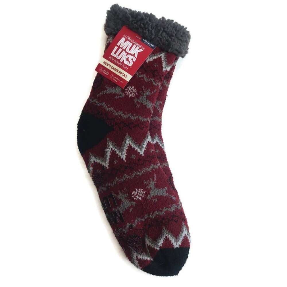 MUK LUKS Mens Cabin Socks L/XL Shoe Size 11/13 Maroon Deer Multi Warm and Cozy